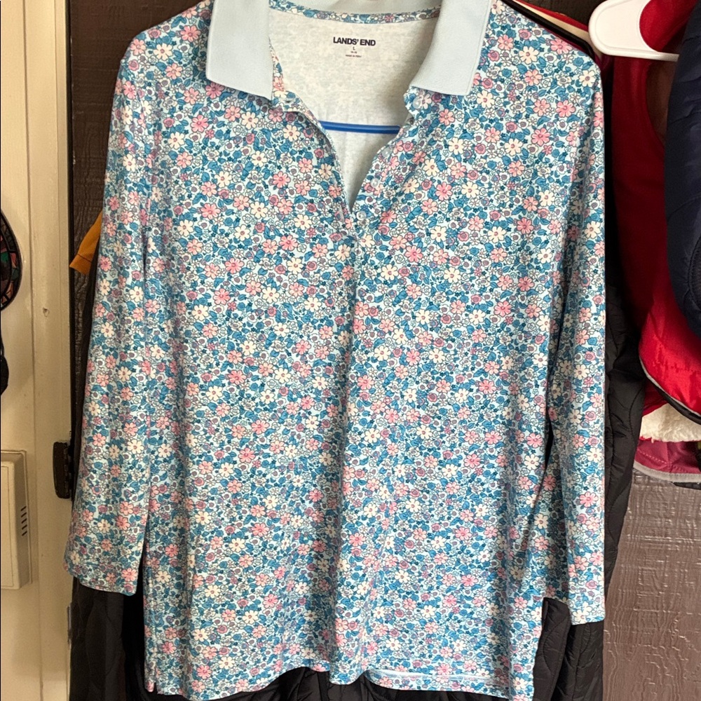 Lands' End Floral Print Polo with Light Blue Collar